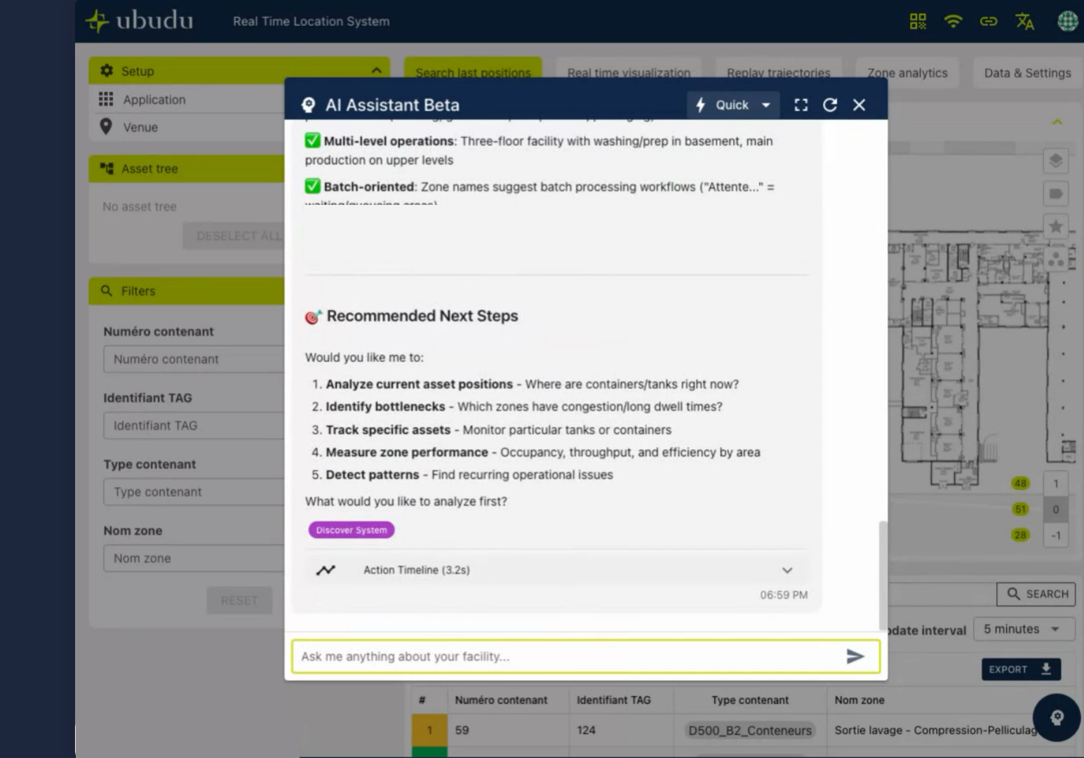 Ubudu RTLS AI Assistant answering a system-discovery question grounded in live location