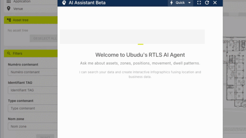 Animated demo of the Ubudu RTLS AI Assistant answering a question and generating an interactive analysis on live RTLS data