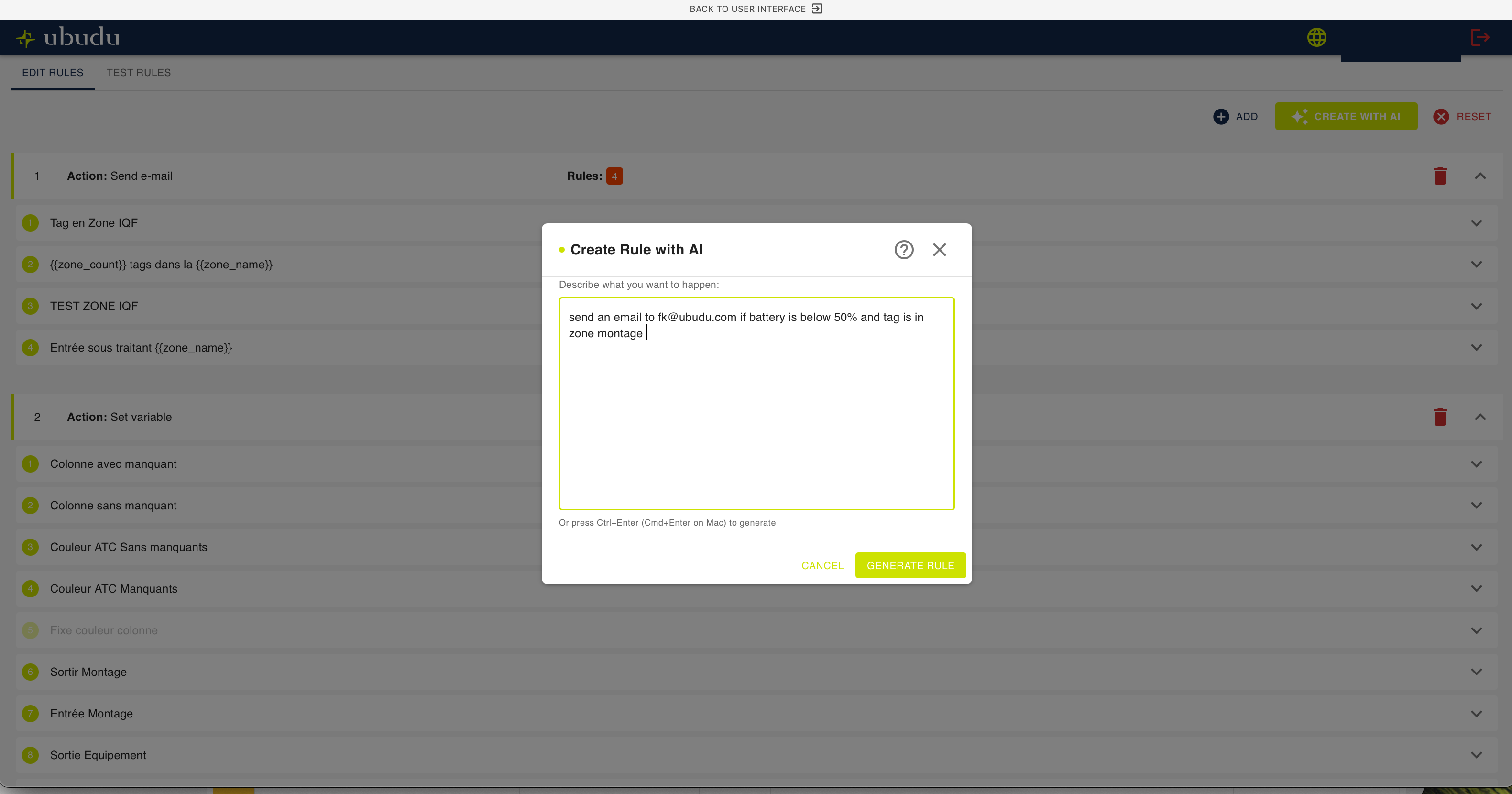 Ubudu Rule Agent 'Create Rule with AI' dialog turning a plain-language request into a monitoring rule