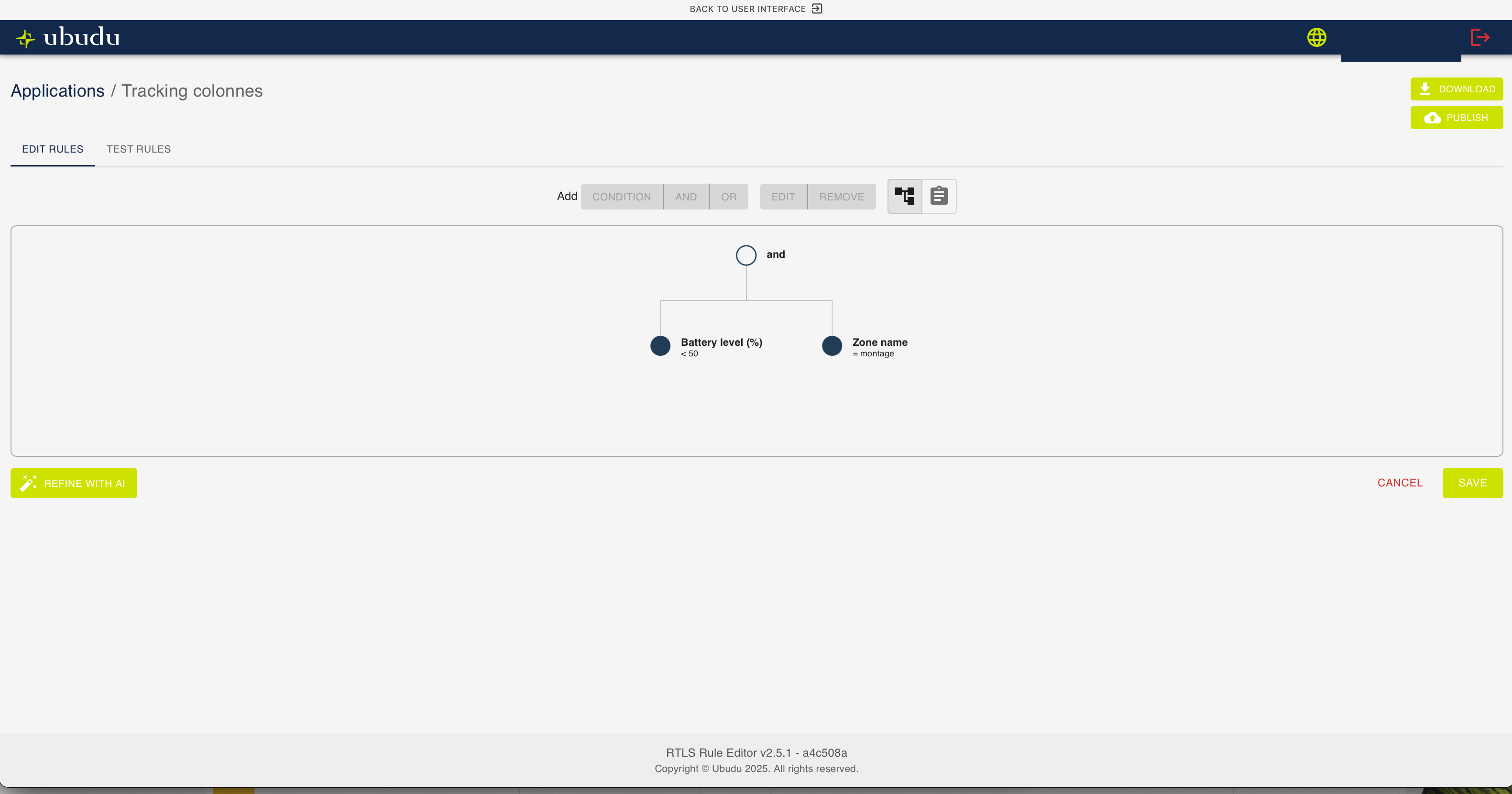 Generated rule tree shown in the Ubudu rule editor with conditions and event action