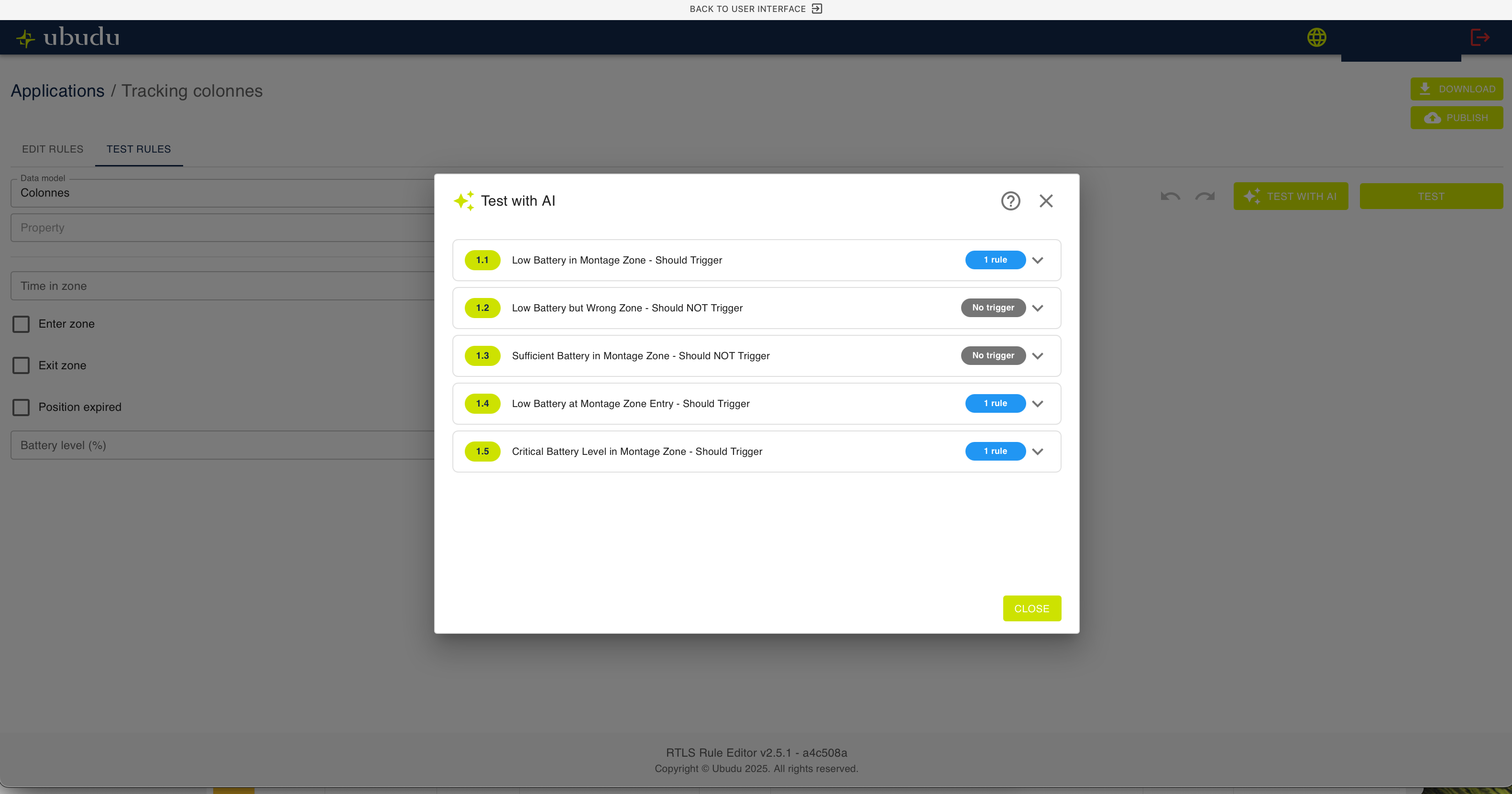 Auto-generated test cases validating the battery-alert rule in the Ubudu rule editor