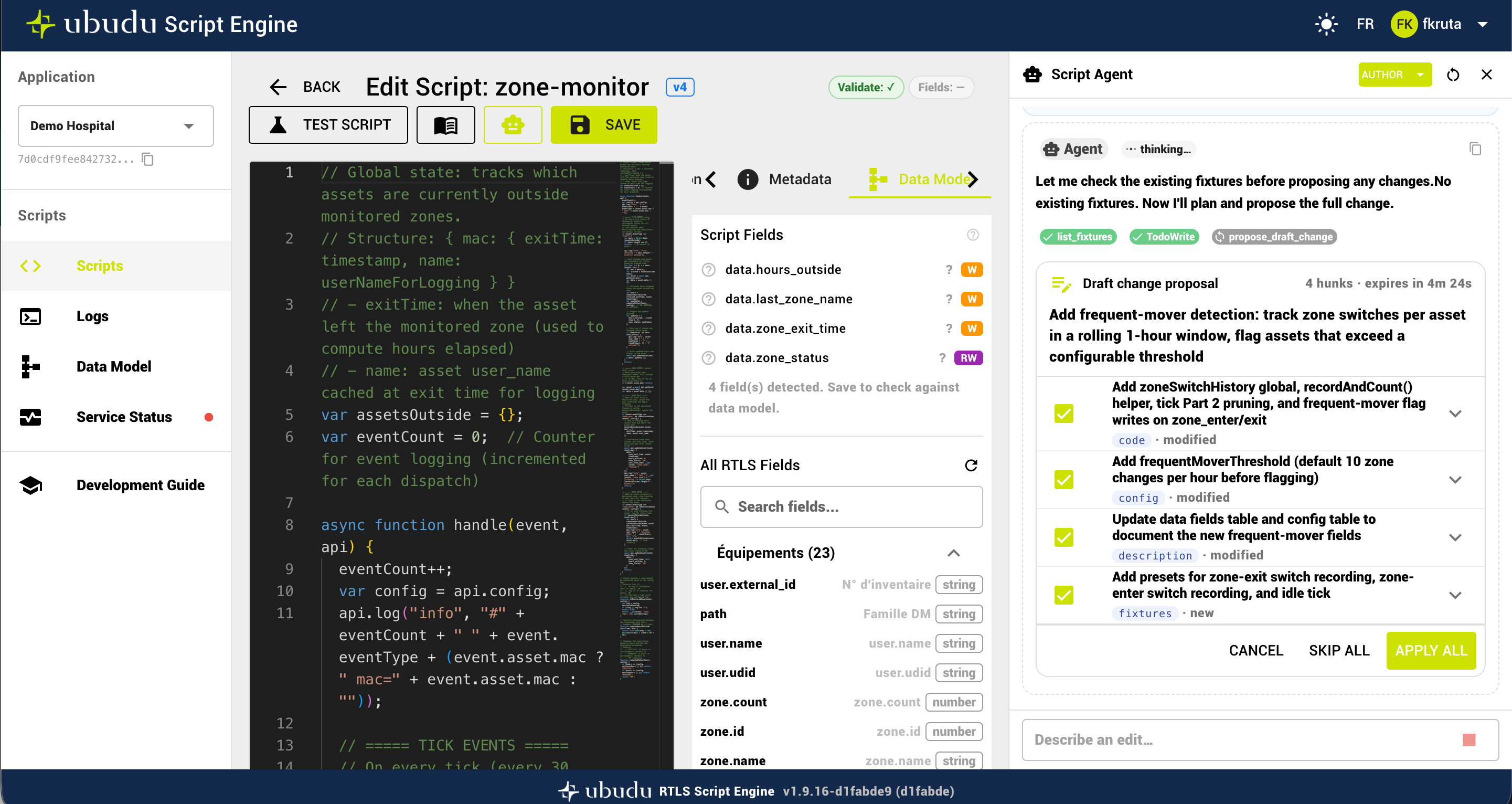 Ubudu Script Agent proposing a code change to a real-time event script